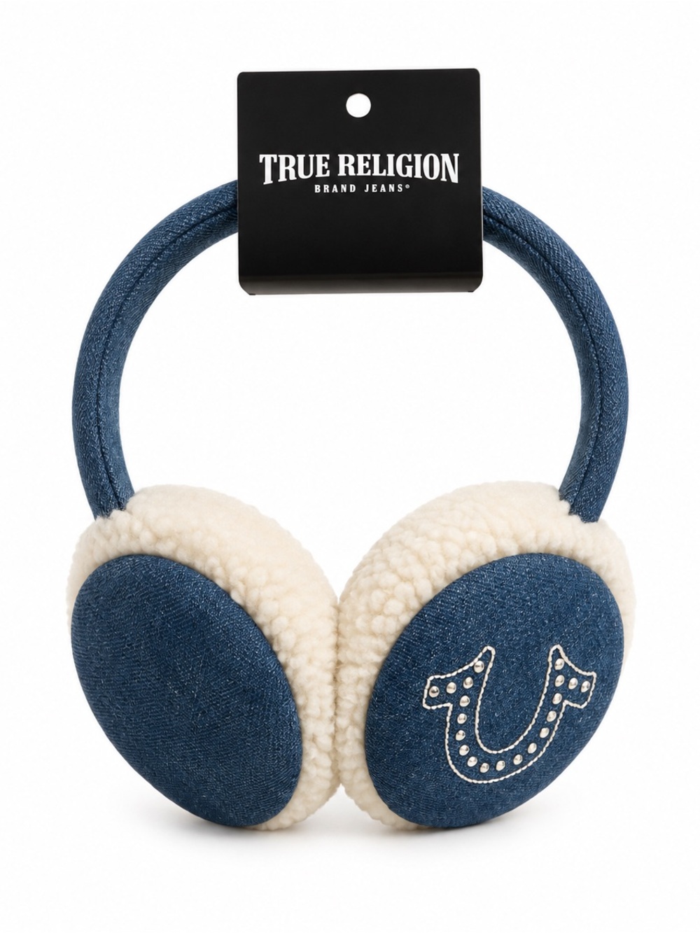 True Religion Denim Blue and Cream Sherpa Ear Muffs
